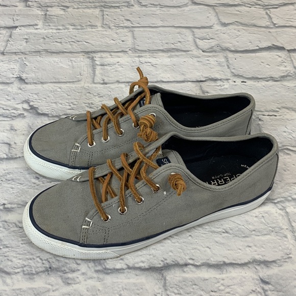 Sperry Top Siders loafer shoes Canvas Leather laces Gray white tan Size 8.5 - Picture 3 of 10